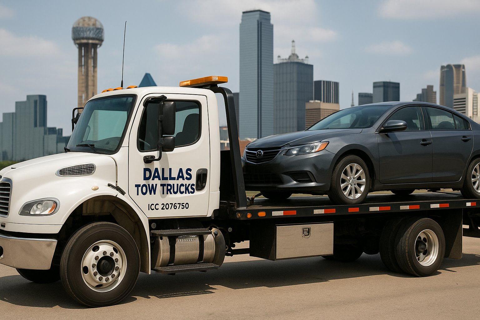 Professional tow truck providing 24-hour emergency towing service in Dallas, TX